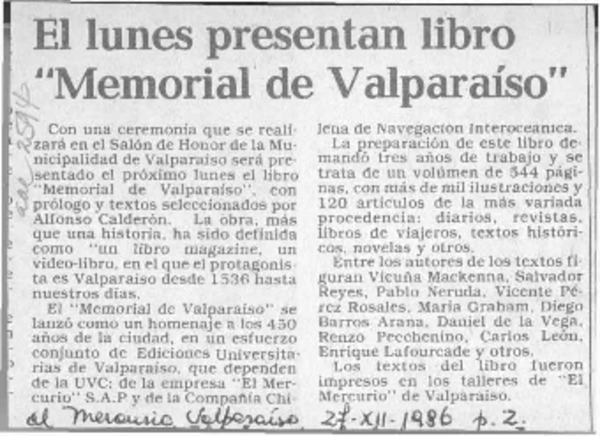 El Lunes presentan libro "Memorial de Valparaíso"  [artículo].