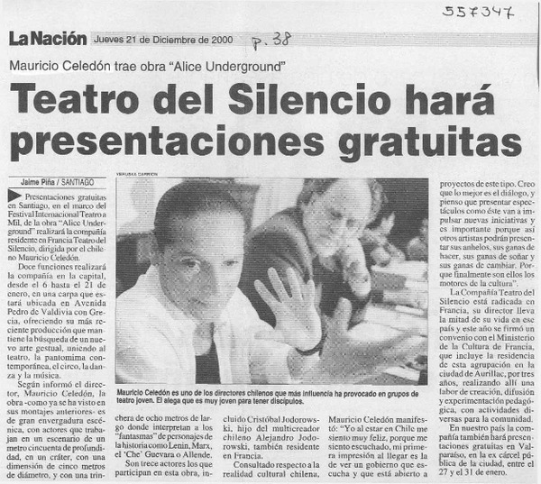 Teatro del Silencio hará presentaciones gratuitas  [artículo] Jaime Piña