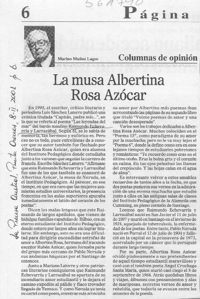 La musa Albertina Rosa Azócar  [artículo] Marino Muñoz Lagos