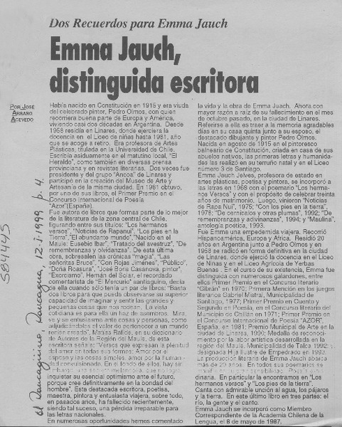 Emma Jauch, distinguida escritora  [artículo] José Arraño Acevedo