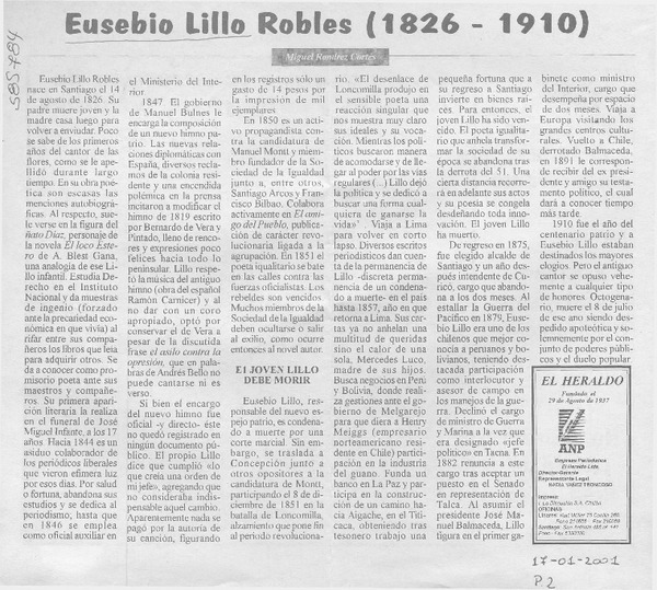 Eusebio Lillo Robles (1826-1910)  [artículo] Miguel Ramírez Cortés