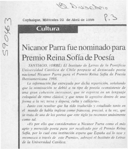 Nicanor Parra fue nominado para Premio Reina Sofía de Poesía  [artículo]