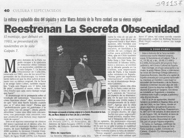 Reestrenan La secreta obscenidad  [artículo] Leopoldo Pulgar I.