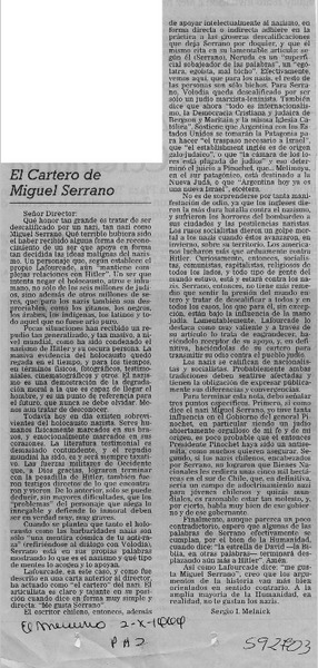 El cartero de Miguel Serrano  [artículo] Sergio I. Melnick