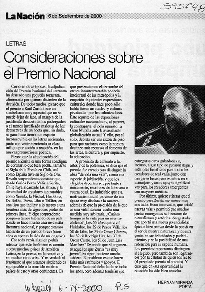 Consideraciones sobre el Premio Nacional  [artículo] Hernán Miranda