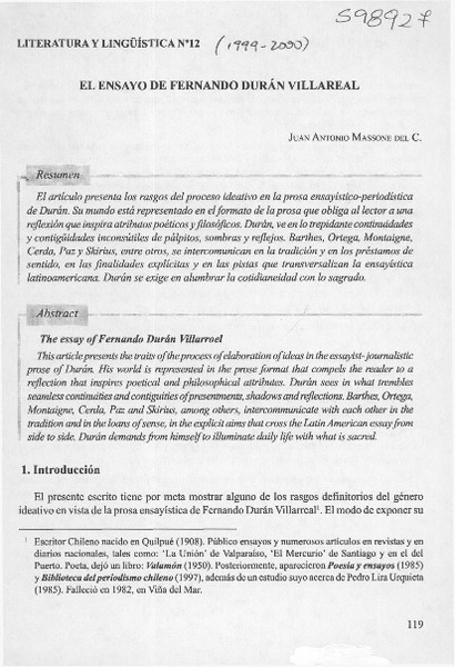 El ensayo de Fernando Durán Villareal  [artículo] Juan Antonio Massone del C.
