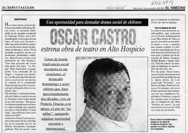 Oscar Castro estrena obra de teatro en Alto Hospicio  [artículo]