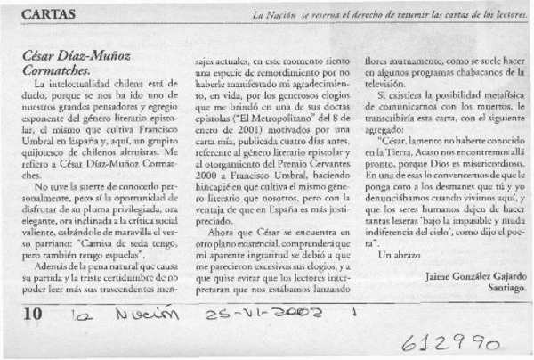 César Díaz-Muñoz Cormatches  [artículo] Jaime González Gajardo