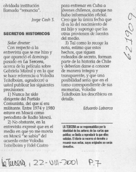 Secretos histórico  [artículo] Eduardo Labarca