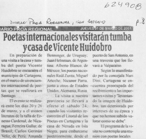 Poetas internacionales visitarán tumba y casa de Vicente Huidobro