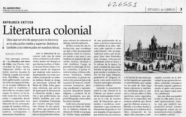 Literatura colonial  [artículo] Rodrigo Cánovas