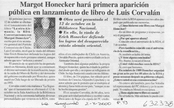Margot Honecker hará primera aparición pública en lanzamiento de libro de Luis Corvalán