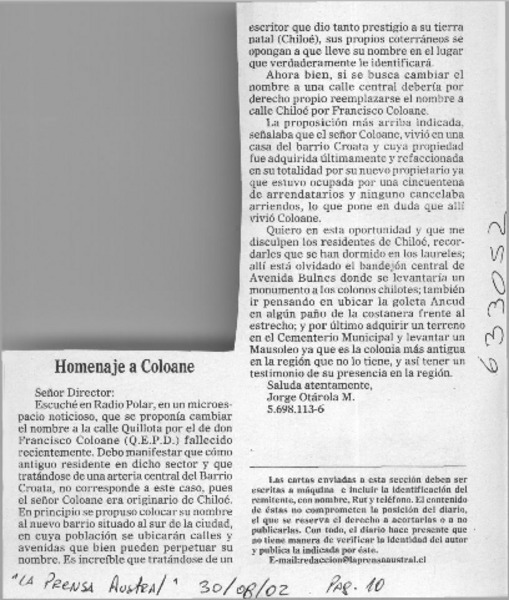 Homenaje a Coloane  [artículo] Jorge Otárola M.