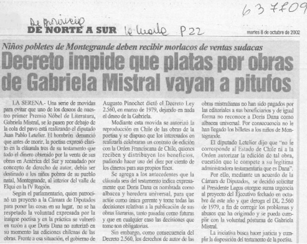 Decreto impide que platas por obras de Gabriela Mistral vayan a pitufos  [artículo]