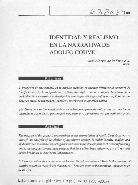 Identidad y realismo en la narrativa de Adolfo Couve  [artículo] José Alberto de la Fuente A.