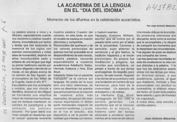 La Academia de la Lengua en el "Día del idioma"  [artículo] Juan Antonio Massone