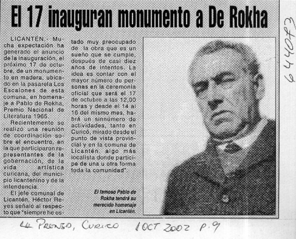 El 17 inauguran monumento a De Rokha  [artículo]