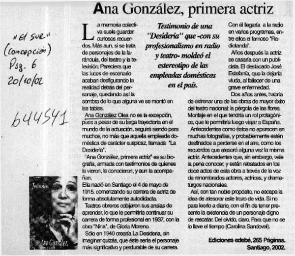 Ana González, primera actriz  [artículo] Carolina Sandoval