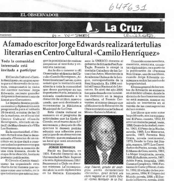 Afamado escritor Jorge Edwards realizará tertulias literarias en Centro Cultural "Camilo Henríquez"