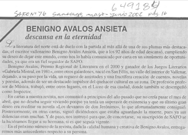 Benigno Avalos Ansieta descansa en la eternidad