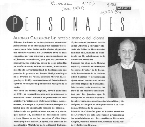Alfonso Calderón, un notable manejo del idioma  [artículo]