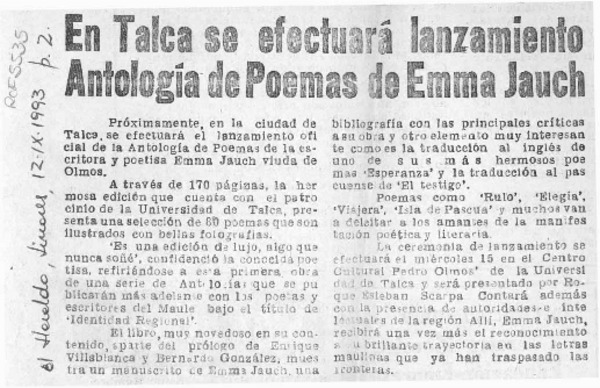 En Talca se efectuará lanzamiento antología de poemas de Emma Jauch  [artículo].