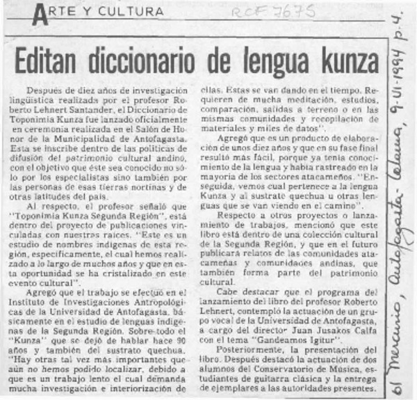 Editan diccionario de lengua kunza  [artículo].