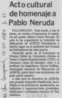 Acto cultural de homenaje a Pablo Neruda