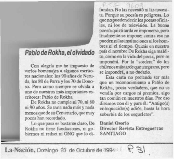 Pablo de Rokha, el olvidado  [artículo] Daniel Osorio.