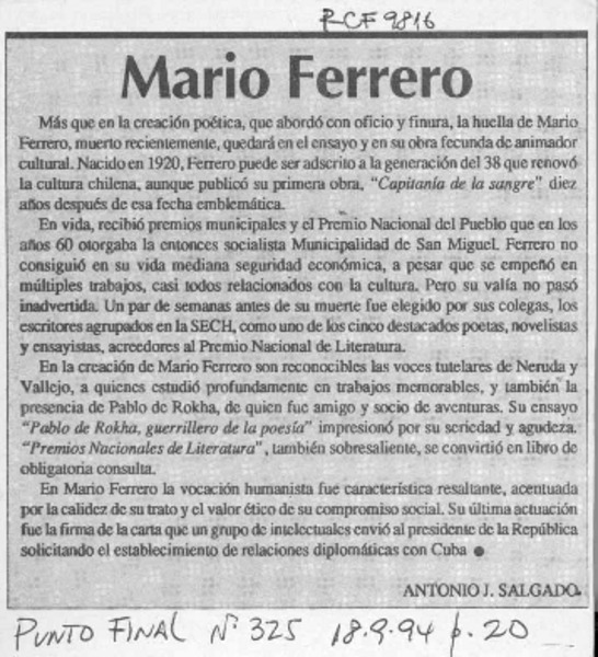Mario Ferrero  [artículo] Antonio J. Salgado.
