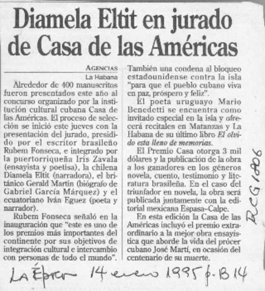 Diamela Eltit en jurado de Casa de las Américas  [artículo].