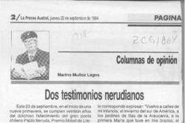 Dos testimonios nerudianos  [artículo] Marino Muñoz Lagos.