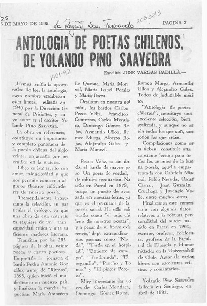 Antología de poetas chilenos, de Yolando Pino Saavedra  [artículo] José Vargas Badilla.