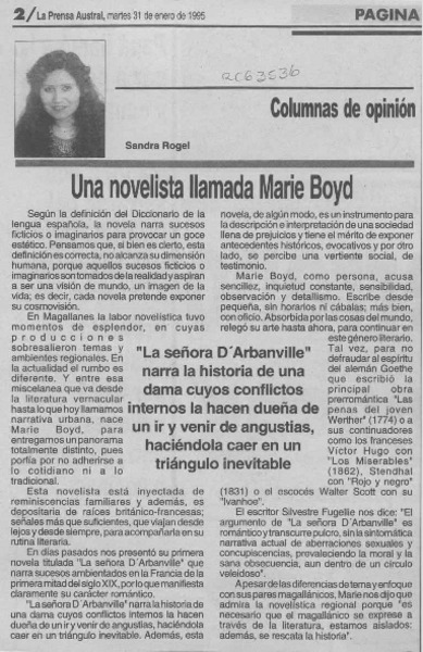 Una novelista llamada Marie Boyd  [artículo] Sandra Rogel.