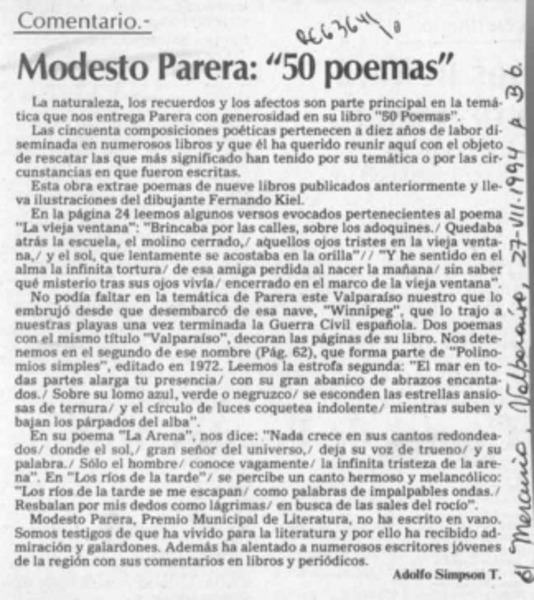 Modesto Parera, "50 poemas"  [artículo] Adolfo SImpson T.