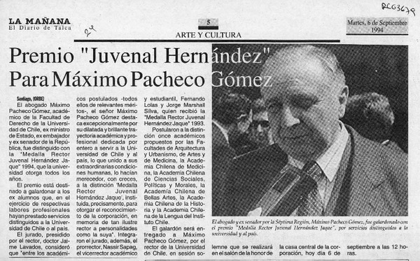 Premio "Juvenal Hernández" para Máximo Pacheco Gómez  [artículo].