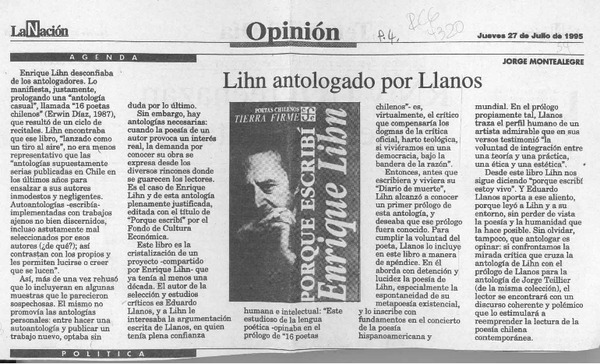 Lihn antologado por Llanos  [artículo] Jorge Montealegre.