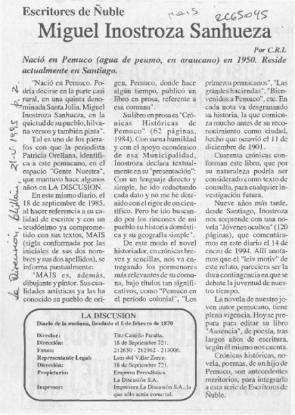Miguel Inostroza Sanhueza  [artículo] C. R. I.