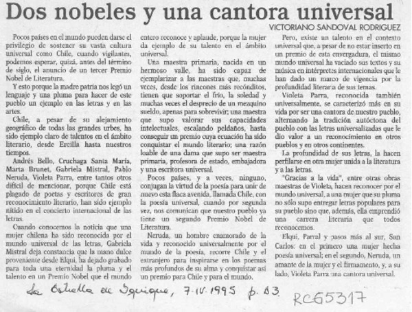 Dos nobeles y una cantora universal  [artículo] Victoriano Sandoval Rodríguez.