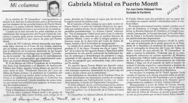 Gabriela Mistral en Puerto Montt  [artículo] Juan Carlos Velásquez Torres.