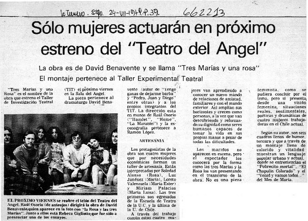 Sólo mujeres actuarán en próximo estreno del "Teatro del Angel".  [artículo]