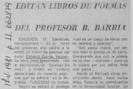 Editan libros de poemas del profesor R. Barria  [artículo] F. Cardenas.