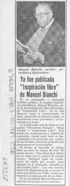 Ya fue publicada "Inspiración libre" de Manuel Bianchi.