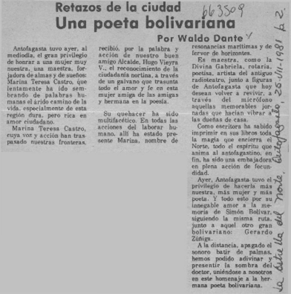 Una poeta bolivariana  [artículo] Waldo Dante.
