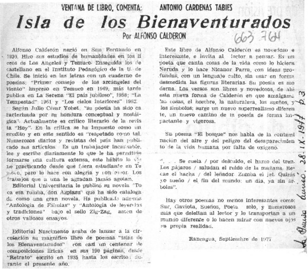 Isla de los bienaventurados  [artículo] Antonio Cárdenas Tabies.