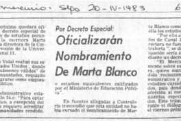 Oficializarán nombramiento de Marta Blanco.  [artículo]