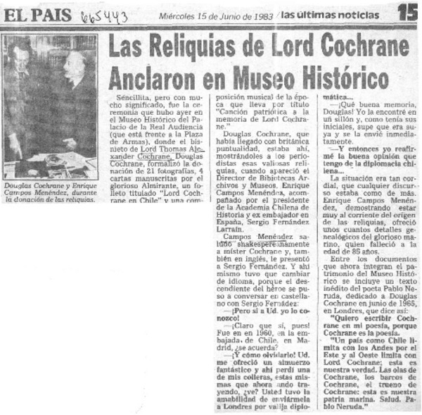 Las Reliquias de Lord Cochrane anclaron en Museo Histórico.  [artículo]