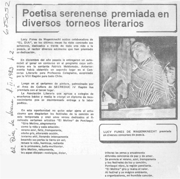 Poetisa serenense premiada en diversos torneos literarios.