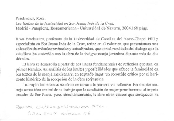 Rosa Perelmuter. Los límites de la femineidad en Sor Juana Inés de la Cruz
