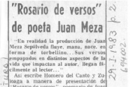 "Rosario de versos" de poeta Juan Meza.